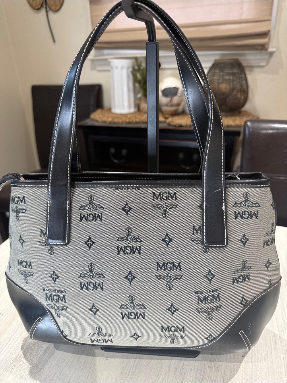 MGM Beige Canvas and Black Leather Messenger Tote